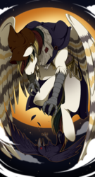 Size: 648x1200 | Tagged: safe, artist:mr-tiaa, oc, oc only, oc:silent flight, hippogriff, claws, clothes, costume, flying, night, nightmare night, scarecrow