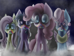 Size: 2048x1536 | Tagged: safe, artist:silviasilvar, cup cake, fluttershy, twilight sparkle, alicorn, pony, 28 pranks later, g4, cookie zombie, looking at you, open mouth, rainbow muzzle, start running, twilight sparkle (alicorn)