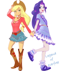 Size: 1760x2047 | Tagged: safe, artist:manmaru00, applejack, rarity, equestria girls, g4, my little pony equestria girls: legend of everfree, alternate clothes, boho, boots, camp fashion show outfit, clothes, dress, female, hat, holding hands, lesbian, pixiv, ship:rarijack, shipping, shoes, simple background, skirt
