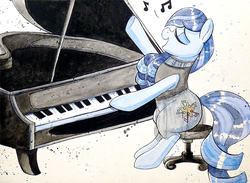 Size: 994x729 | Tagged: safe, artist:prettypinkpony, coloratura, earth pony, pony, g4, commission, eyes closed, female, music notes, musical instrument, piano, sitting, solo, traditional art