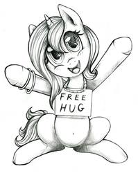 Size: 1628x2048 | Tagged: artist needed, safe, oc, oc only, oc:ambient waves, fox, fox pony, hybrid, kitsune, kitsune pony, original species, pony, unicorn, belly button, bronybait, free hugs, hug request, looking at you, monochrome, multiple tails, sign, simple background, sitting, smiling, solo, traditional art, white background