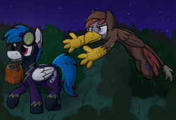 Size: 1501x1024 | Tagged: safe, artist:moemneop, oc, oc only, oc:kami, oc:lukida, griffon, pegasus, pony, clothes, costume, lukami, mouth hold, nightmare night, nightmare night costume, pounce, pumpkin bucket, shadowbolts costume