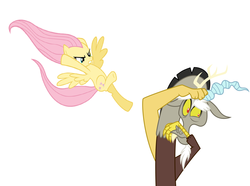 Size: 1633x1213 | Tagged: safe, discord, fluttershy, g4, attack, simple background, vector, white background
