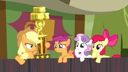Size: 1920x1080 | Tagged: safe, screencap, apple bloom, applejack, scootaloo, sweetie belle, earth pony, pony, appleoosa's most wanted, g4, cutie mark crusaders, trophy