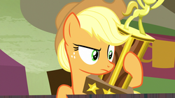 Size: 1920x1080 | Tagged: safe, screencap, applejack, earth pony, pony, appleoosa's most wanted, g4, female, mare, solo, trophy