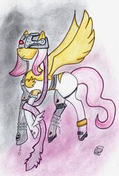 Size: 3624x5370 | Tagged: safe, artist:bobomomobobo, fluttershy, angewomon, pegasus, pony, g4, clothes, colored pencil drawing, cosplay, costume, digimon, female, helmet, hidden eyes, ladydevimon, mare, solo, traditional art