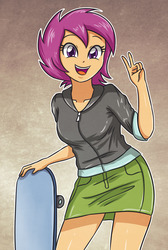 Size: 2321x3461 | Tagged: safe, artist:sumin6301, scootaloo, equestria girls, g4, breasts, busty scootaloo, clothes, cute, cutealoo, female, happy, high res, hoodie, looking at you, miniskirt, older, open mouth, peace sign, skateboard, skirt, skirtaloo, smiling, solo, thighs