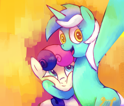 Size: 2000x1712 | Tagged: safe, artist:redink853, bon bon, lyra heartstrings, sweetie drops, earth pony, pony, unicorn, g4, abstract background, duo, happy, looking at you, looking up, selfie, smiling, squishy cheeks