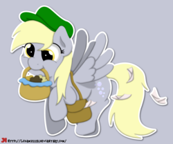 Size: 1350x1125 | Tagged: safe, artist:ljdamz1119, derpy hooves, pegasus, pony, g4, basket, female, food, hat, letter, mail, mailmare, mare, mouth hold, muffin, solo