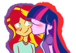 Size: 1729x1200 | Tagged: dead source, safe, artist:artypaints, sunset shimmer, twilight sparkle, equestria girls, g4, blushing, cheek kiss, duo, eyes closed, female, kissing, lesbian, no catchlights, no pupils, ship:sunsetsparkle, shipping, simple background, smiling, white background
