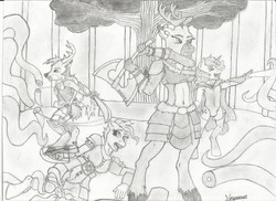 Size: 2338x1700 | Tagged: safe, artist:vesperce, oc, oc only, oc:angi, oc:glamataz, oc:oakstrider, oc:sunbolt, caribou, deer, earth pony, unicorn, anthro, unguligrade anthro, fall of equestria, adventuring party, armor, axe, barbarian, battle axe, bracer, cape, clothes, crossbow, crossdressing, dungeons and dragons, evening gloves, fantasy class, fingerless elbow gloves, fingerless gloves, gloves, knight, leggings, leotard, monochrome, paladin, ranger, sorcerer, sword, tentacles, traditional art, warrior, weapon