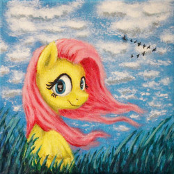 Size: 638x638 | Tagged: safe, artist:horseez, fluttershy, g4, acrylic painting, color correction, cropped, female, grass, looking at you, sitting, sky, solo, traditional art, turned head, windswept mane