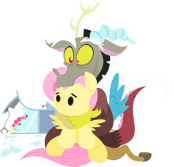 Size: 2503x2397 | Tagged: dead source, safe, artist:jittery-the-dragon, discord, g4, claw machine, fluttershy plushie, high res, holding, implied fluttershy, male, plushie, prize, simple background, sitting, solo, transparent background