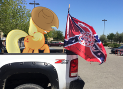 Size: 2362x1703 | Tagged: safe, artist:greenmachine987, artist:thatguy1945, applejack, earth pony, pony, g4, battle flag, car, confederate flag, don't tread on me, flag, hat, irl, parking lot, photo, pickup truck, ponies in real life, shadow, solo, straw, vector