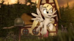 Size: 2560x1440 | Tagged: safe, artist:redaceofspades, derpy hooves, pegasus, pony, g4, 3d, female, happy, house, mailbox, mare, solo, source filmmaker