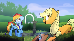 Size: 7680x4320 | Tagged: safe, artist:darkflame75, applejack, rainbow dash, earth pony, pegasus, fanfic:appledashery, g4, appledashery, applejack's hat, cowboy hat, cute, eye contact, fanfic, fanfic art, feather, female, floppy ears, folded wings, hat, hatless, lesbian, looking at each other, looking at someone, missing accessory, open mouth, raised hoof, ship:appledash, shipping, shy, smiling, wings