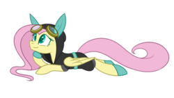 Size: 1024x576 | Tagged: safe, artist:despotshy, fluttershy, pegasus, pony, bunny ears, clothes, costume, dangerous mission outfit, female, goggles, hoodie, hoof on chin, looking up, mare, prone, simple background, smiling, solo, transparent background