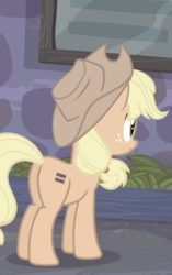 Size: 389x618 | Tagged: safe, screencap, applejack, earth pony, pony, g4, the cutie map, butt, cropped, equal cutie mark, female, freckles, mare, plot, solo