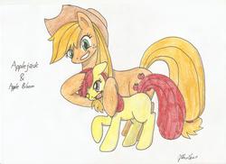 Size: 2338x1700 | Tagged: safe, artist:stardustchild01, apple bloom, applejack, earth pony, pony, g4, female, filly, foal, mare, sisters, traditional art