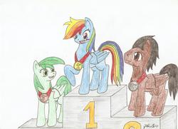 Size: 2338x1696 | Tagged: safe, artist:stardustchild01, rainbow dash, oc, g4, medal, podium, traditional art