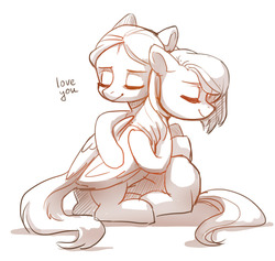 Size: 1280x1212 | Tagged: safe, artist:aphphphphp, oc, oc only, earth pony, pegasus, pony, eyes closed, female, hug, lesbian, monochrome, oc x oc, shipping