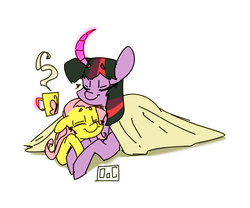 Size: 3000x2500 | Tagged: safe, artist:ogaraorcynder, fluttershy, twilight sparkle, pony, g4, blanket, curved horn, eyes closed, female, floppy ears, high res, horn, lesbian, magic, mare, prone, ship:twishy, shipping, simple background, smiling, snuggling, telekinesis