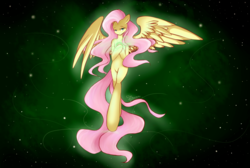 Size: 1800x1211 | Tagged: safe, artist:zrainmtast, fluttershy, anthro, g4, female, flying, hooves to the chest, lidded eyes, looking at you, magic, solo, spread wings, stars