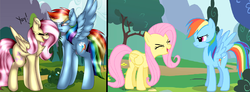 Size: 1344x492 | Tagged: safe, artist:tehgamingcherryyt, fluttershy, rainbow dash, pegasus, pony, g4, sonic rainboom (episode), annoyed, cheering, ear fluff, eyes closed, female, flutteryay, mare, scene interpretation, spread wings, unimpressed, yay