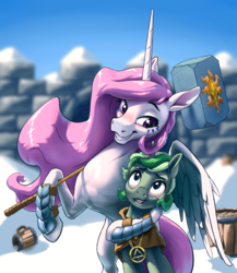 Size: 3914x4500 | Tagged: safe, artist:nadnerbd, clover the clever, princess celestia, alicorn, pony, unicorn, fanfic:time enough for love, g4, absurd resolution, armor, barrel, bipedal, blurry background, blushing, cloak, clothes, cloverlestia, concave belly, drunk, eye contact, eye twitch, face paint, fanfic, fanfic art, female, fit, grin, hammer, height difference, hoof hold, hug, jewelry, lidded eyes, long mane, looking at each other, looking up, male, mare, muscles, necklace, nervous, pink hair, pink mane, pink tail, pink-mane celestia, purple eyes, raised hoof, shipping, size difference, sledgehammer, slender, smiling, smirk, snow, stallion, sternocleidomastoid, straight, tankard, thin, war hammer, warrior, warrior celestia, weapon, wide eyes, winghug, wings, winter, worried, younger