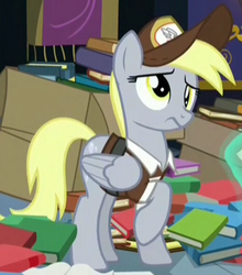 Size: 469x534 | Tagged: safe, screencap, derpy hooves, pegasus, pony, g4, to where and back again, book, cropped, female, frown, levitation, magic, mailmare, mare, raised hoof, solo focus, telekinesis, worried