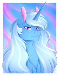 Size: 2300x2950 | Tagged: safe, artist:samandriilrf, trixie, pony, unicorn, g4, bust, colored pupils, female, high res, lidded eyes, looking at you, mare, smiling, solo