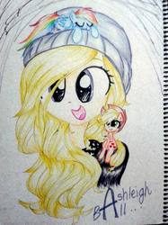 Size: 1535x2048 | Tagged: safe, artist:liaaqila, applejack, rainbow dash, g4, ashleigh ball, chibi, clothes, looking at you, micro, shirt, sitting, sleeping, smiling, tiny ponies, traditional art