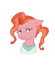Size: 500x700 | Tagged: safe, artist:jodi sli, peachy plume, earth pony, pony, g4, where the apple lies, bust, clothes, female, floppy ears, lidded eyes, looking away, mare, portrait, receptionist, simple background, solo, transparent background