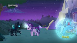 Size: 1920x1080 | Tagged: safe, screencap, starlight glimmer, thorax, trixie, changeling, pony, unicorn, g4, to where and back again, discovery family logo, female, glowing horn, horn, magic bubble, mare, raised hoof, screaming