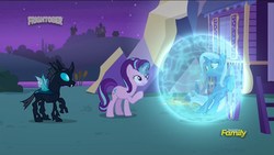 Size: 1920x1080 | Tagged: safe, screencap, starlight glimmer, thorax, trixie, changeling, pony, unicorn, g4, to where and back again, discovery family logo, female, magic, magic bubble, male, mare, raised hoof, trio