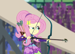 Size: 1008x720 | Tagged: safe, edit, edited screencap, screencap, fluttershy, equestria girls, g4, my little pony equestria girls: friendship games, arrow, bow (weapon), bow and arrow, crossover, female, jojo's bizarre adventure, solo, stand arrow, weapon
