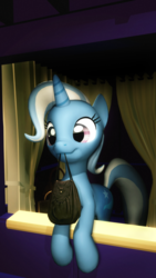 Size: 1080x1920 | Tagged: safe, artist:powdan, trixie, pony, unicorn, g4, to where and back again, 3d, :3, bag, cute, diatrixes, female, gmod, leaning, mare, mouth hold, scene interpretation, smiling, solo, to saddlebags and back again