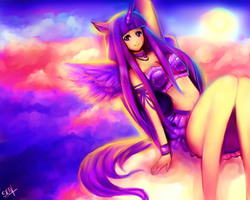 Size: 2500x2000 | Tagged: safe, artist:sukesha-ray, twilight sparkle, human, g4, choker, clothes, cloud, female, high res, horn, horned humanization, humanized, sitting, skirt, skirt lift, solo, spread wings, sun, top, twilight sparkle (alicorn), winged humanization