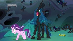 Size: 1920x1080 | Tagged: safe, screencap, queen chrysalis, starlight glimmer, thorax, changeling, changeling queen, pony, unicorn, g4, to where and back again, angry, animation error, armor, changeling armor, changeling guard, changeling hive, fangs, female, mare, open mouth, prehensile tongue, scared, snarling