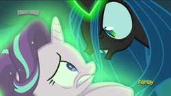 Size: 1920x1080 | Tagged: safe, screencap, queen chrysalis, starlight glimmer, changeling, changeling queen, g4, to where and back again, discovery family logo, female, starlight vs chrysalis