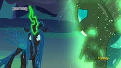 Size: 1920x1080 | Tagged: safe, screencap, queen chrysalis, thorax, changeling, changeling queen, g4, to where and back again, discovery family logo, duo, female, glowing horn, horn, magic, magic aura, male, telekinesis