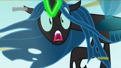 Size: 1920x1080 | Tagged: safe, screencap, queen chrysalis, changeling, changeling queen, g4, to where and back again, discovery family logo, female, furious, hissing, solo