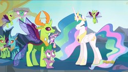 Size: 1920x1080 | Tagged: safe, screencap, arista, cornicle, frenulum (g4), lokiax, princess cadance, princess celestia, princess flurry heart, spike, thorax, alicorn, changedling, changeling, dragon, pony, g4, to where and back again, changeling king, ethereal mane, eyes closed, female, king thorax, male, mare, smiling