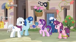 Size: 1920x1080 | Tagged: safe, screencap, double diamond, night glider, party favor, starlight glimmer, sugar belle, earth pony, pegasus, pony, unicorn, g4, to where and back again, equal four, female, group, male, mare, quintet, raised hoof, stallion