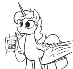 Size: 1044x999 | Tagged: safe, artist:selenophile, derpibooru exclusive, princess luna, g4, alcohol, black and white, drink, female, grayscale, magic, monochrome, simple background, sketch, solo, spread wings, surprised, white background