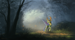 Size: 2100x1135 | Tagged: dead source, safe, artist:shamanguli, thorax, changedling, changeling, g4, to where and back again, changeling king, forest, grass, king thorax, looking back, male, raised hoof, scenery, solo, tree