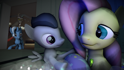 Size: 3840x2160 | Tagged: safe, artist:viranimation, discord, fluttershy, rumble, trixie, pony, unicorn, g4, to where and back again, 3d, bath, bubble bath, cape, changeling slime, clothes, female, high res, male, mare, rumbleshy, shipping, slime, source filmmaker, straight