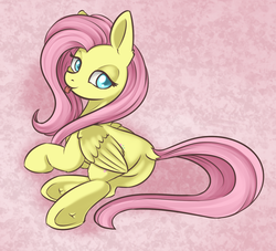 Size: 1024x930 | Tagged: safe, artist:dusthiel, fluttershy, pegasus, pony, g4, :p, bedroom eyes, butt, colored pupils, cute, dock, ear fluff, featureless crotch, female, flutterbutt, folded wings, lidded eyes, looking at you, looking back, lying down, mare, on side, pink background, plot, sexy, shyabetes, simple background, solo, teasing, tongue out, underhoof