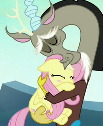 Size: 704x856 | Tagged: safe, screencap, discord, fluttershy, draconequus, pegasus, pony, g4, season 6, to where and back again, blush sticker, blushing, butt touch, cropped, cute, discute, eyes closed, female, floppy ears, hand on butt, hug, male, mare, shipping fuel, shyabetes, smiling, when he smiles