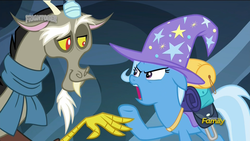 Size: 1920x1080 | Tagged: safe, screencap, discord, trixie, pony, unicorn, g4, to where and back again, angry, discovery family logo, female, frightober, mare, trixie is not amused, unamused, yelling
